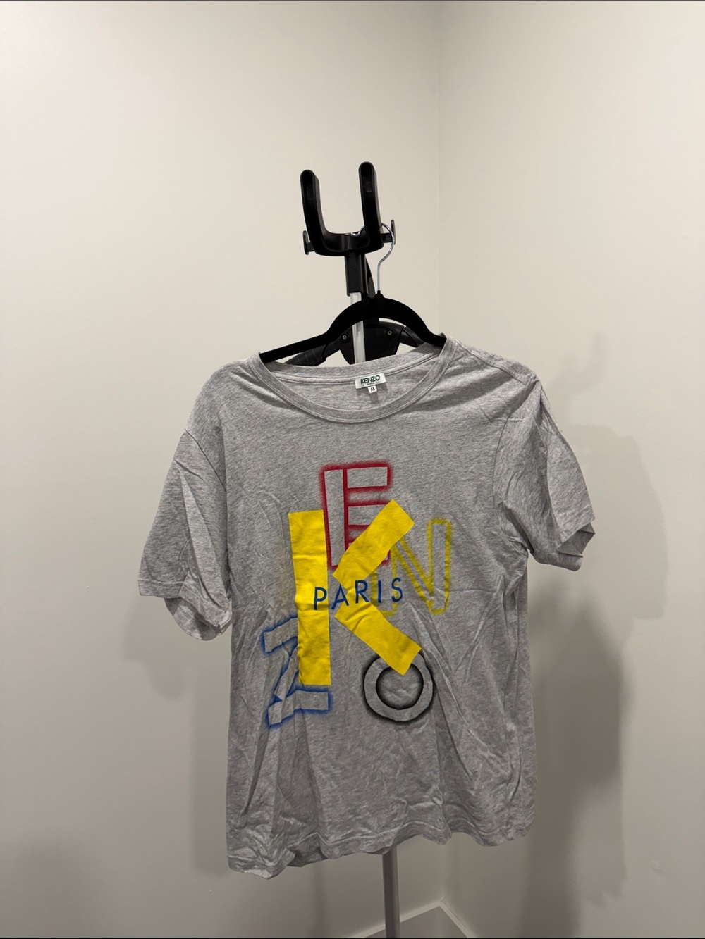 Kenzo Grey Tee with Yellow 'K' and Multicolor Graphics